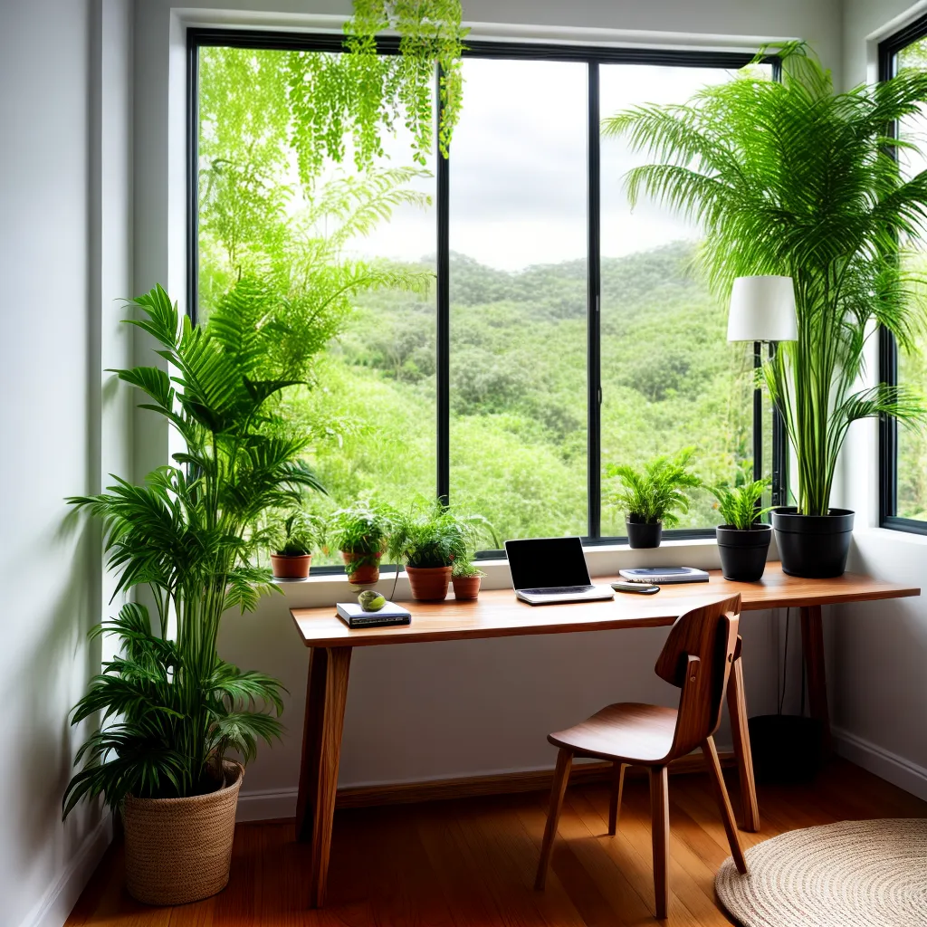 escritorio madeira plantas verde