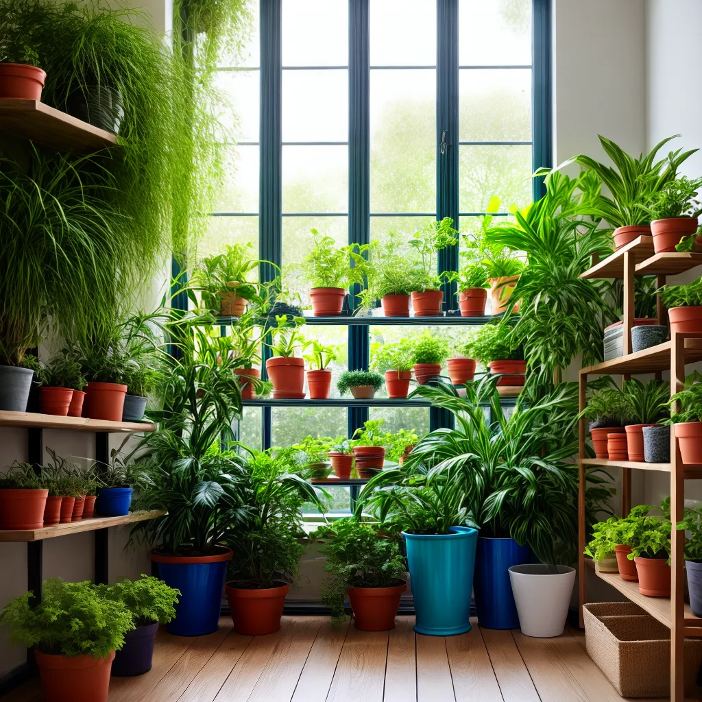jardim interno verde prateleiras madeira