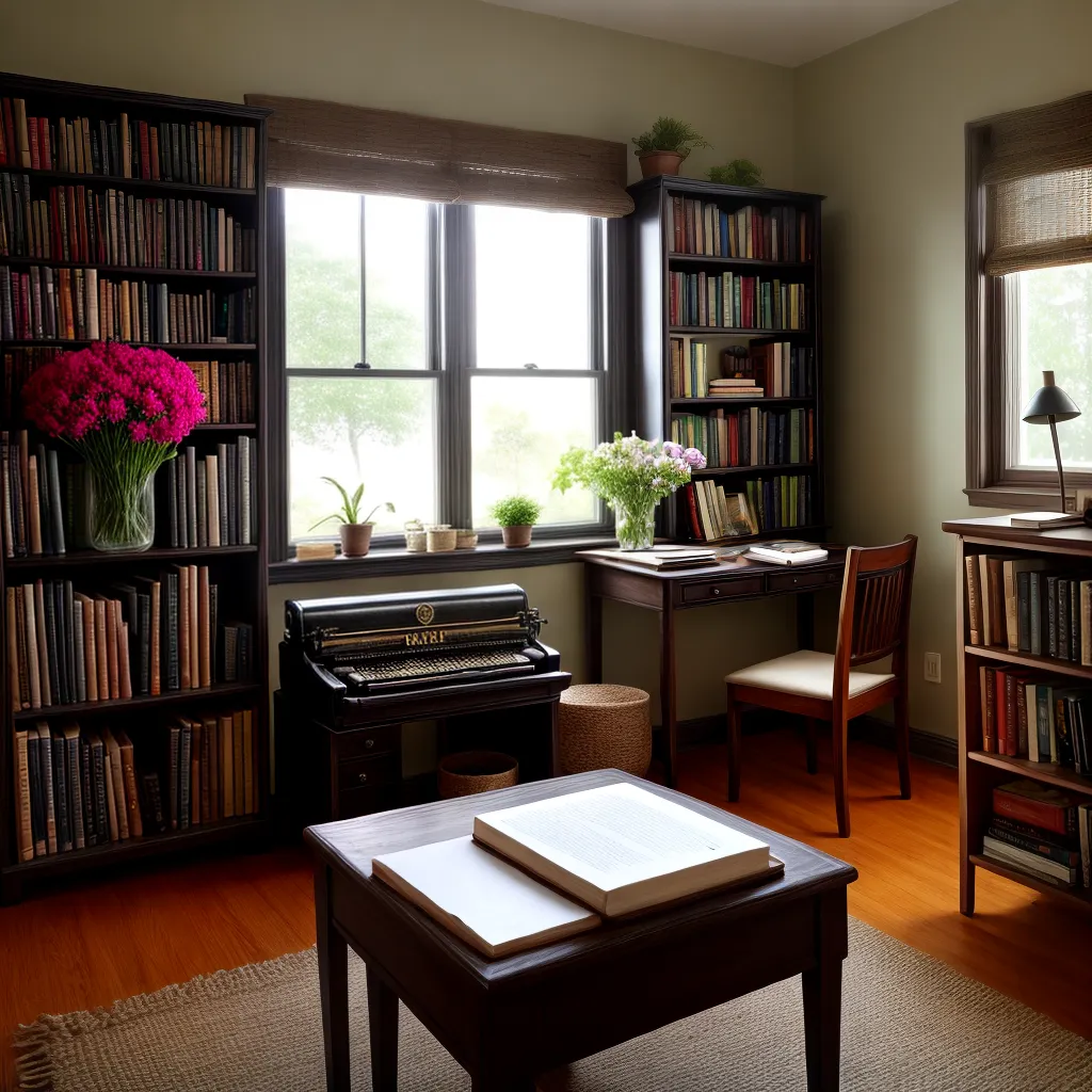 flores livros maquina escrever janela