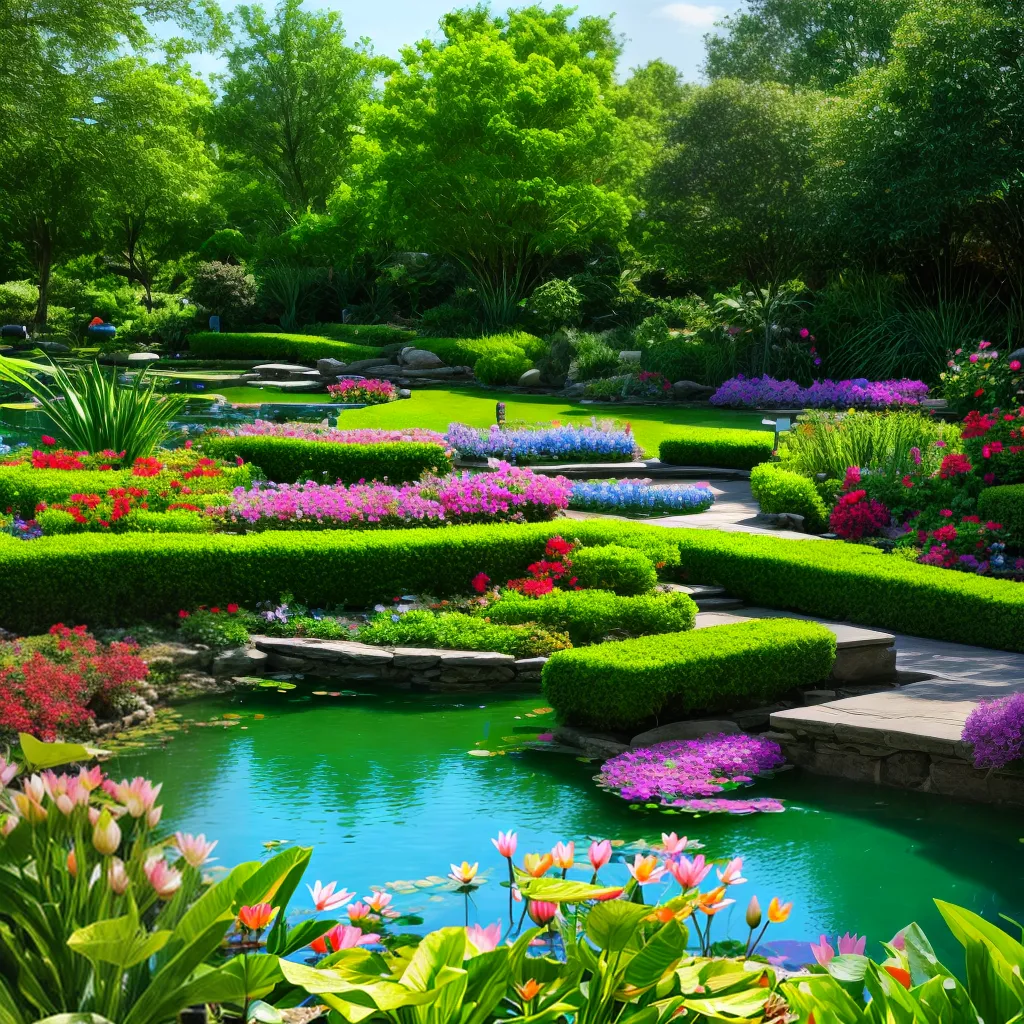 jardim colorido plantas lago