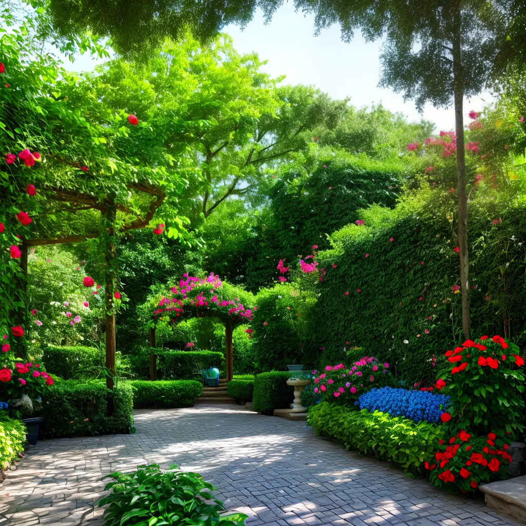jardim colorido flores pergola assentos