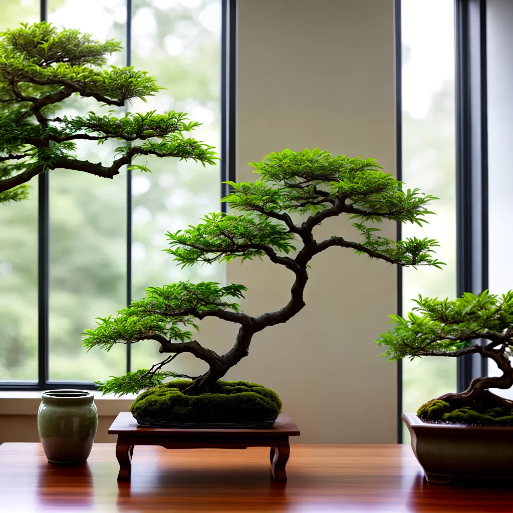 espaco interno minimalista mesa madeira bonsai