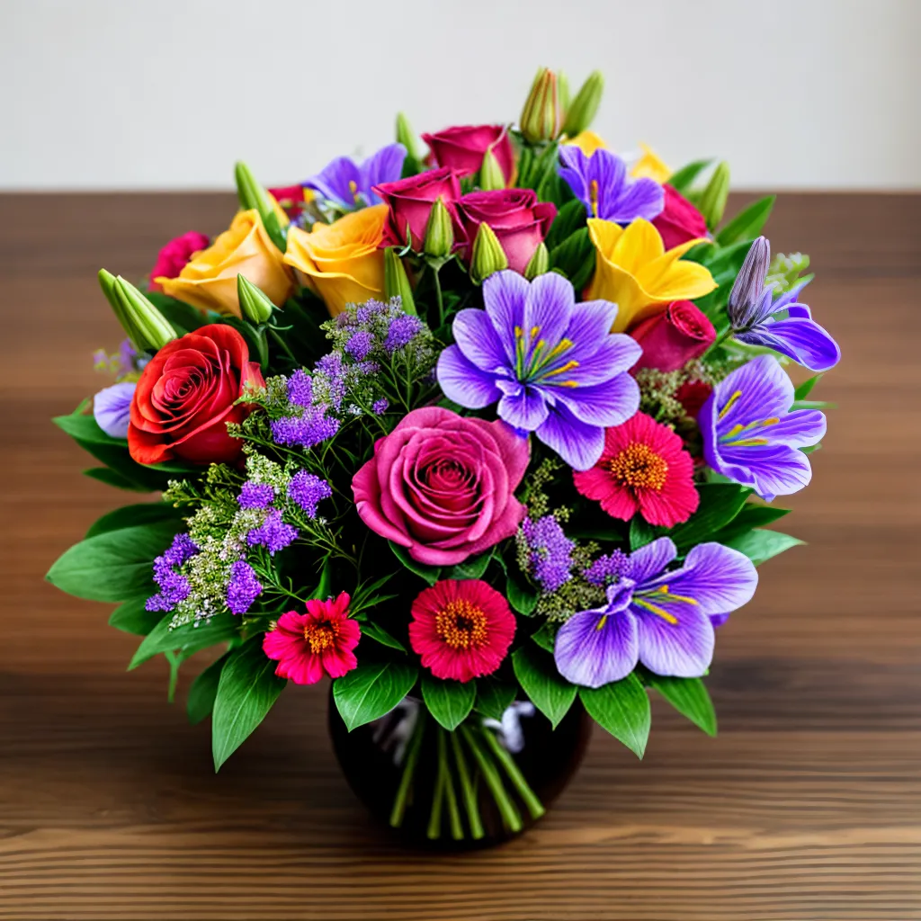 bouquet flores coloridas mesa madeira