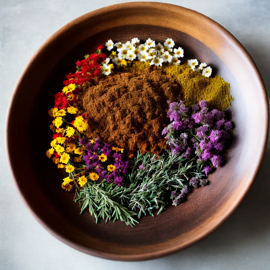 Ervas e flores secas em uma tigela rústica
