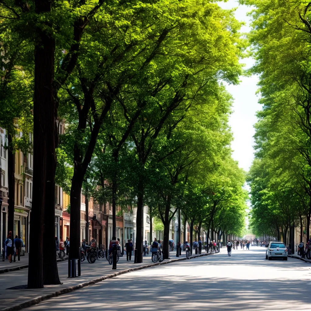 rua arborizada pessoas cidade verde