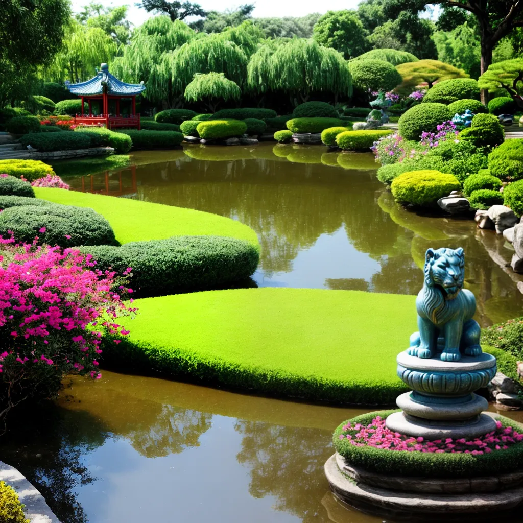 jardim chines flores leoes estatua jardim chines flores leoes estatua