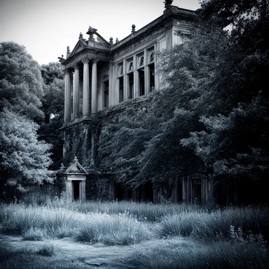 jardim abandonado ruinas preto branco