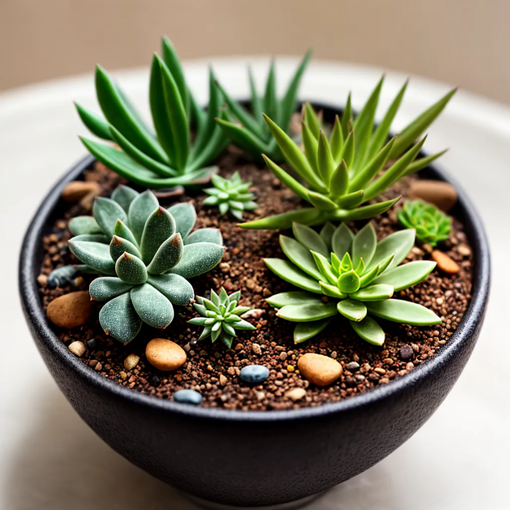 Suculentas e cactos em vasos de cerâmica sob luz do sol