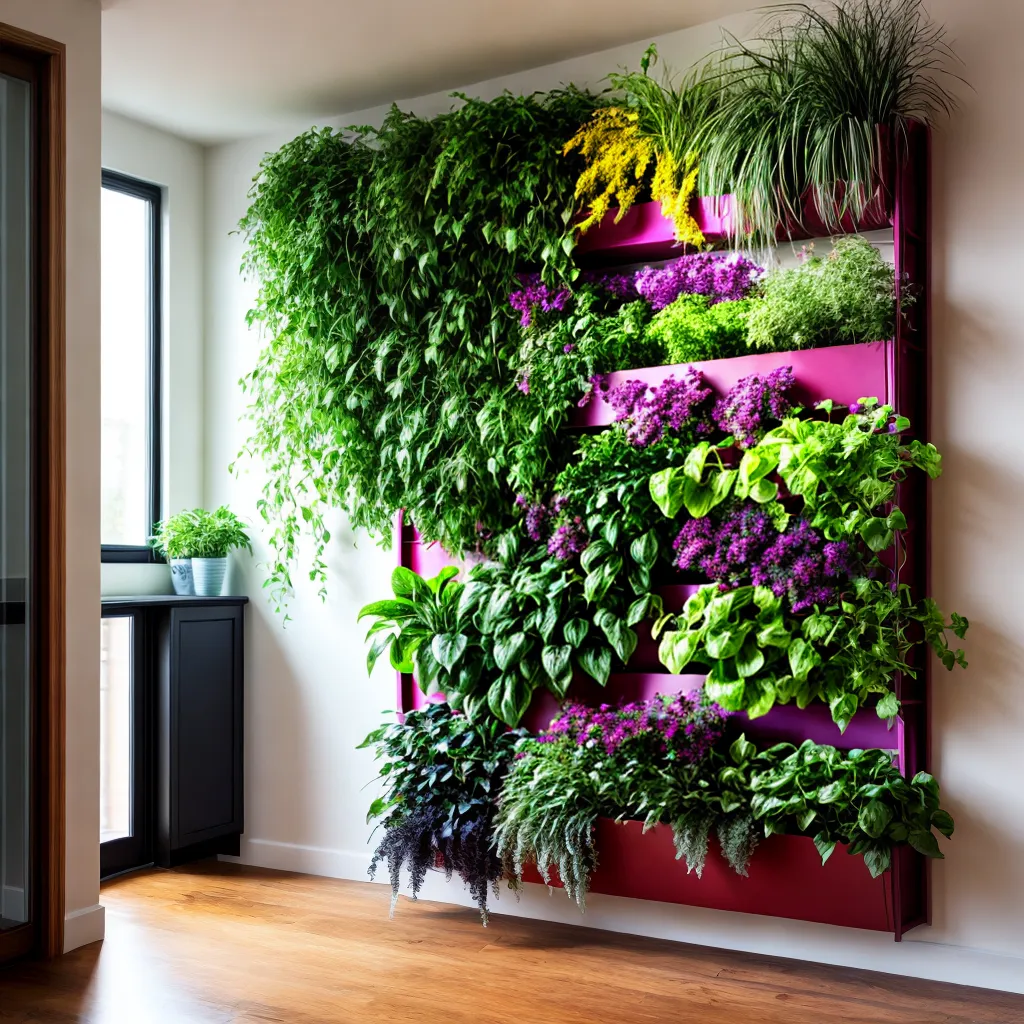 Jardim vertical com folhagens em parede de apartamento