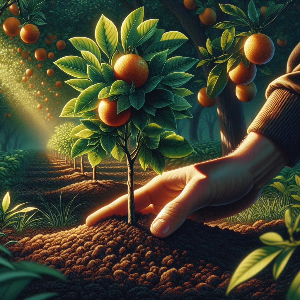 Uma cena vibrante de pomar apresentando uma mão gentilmente plantando um jovem broto de laranjeira em solo rico e escuro. Ao redor, há folhas verdes exuberantes e pequenos frutos laranjas em ramos próximos, com o sol lançando um brilho quente, sinalizando um ambiente acolhedor para o crescimento.