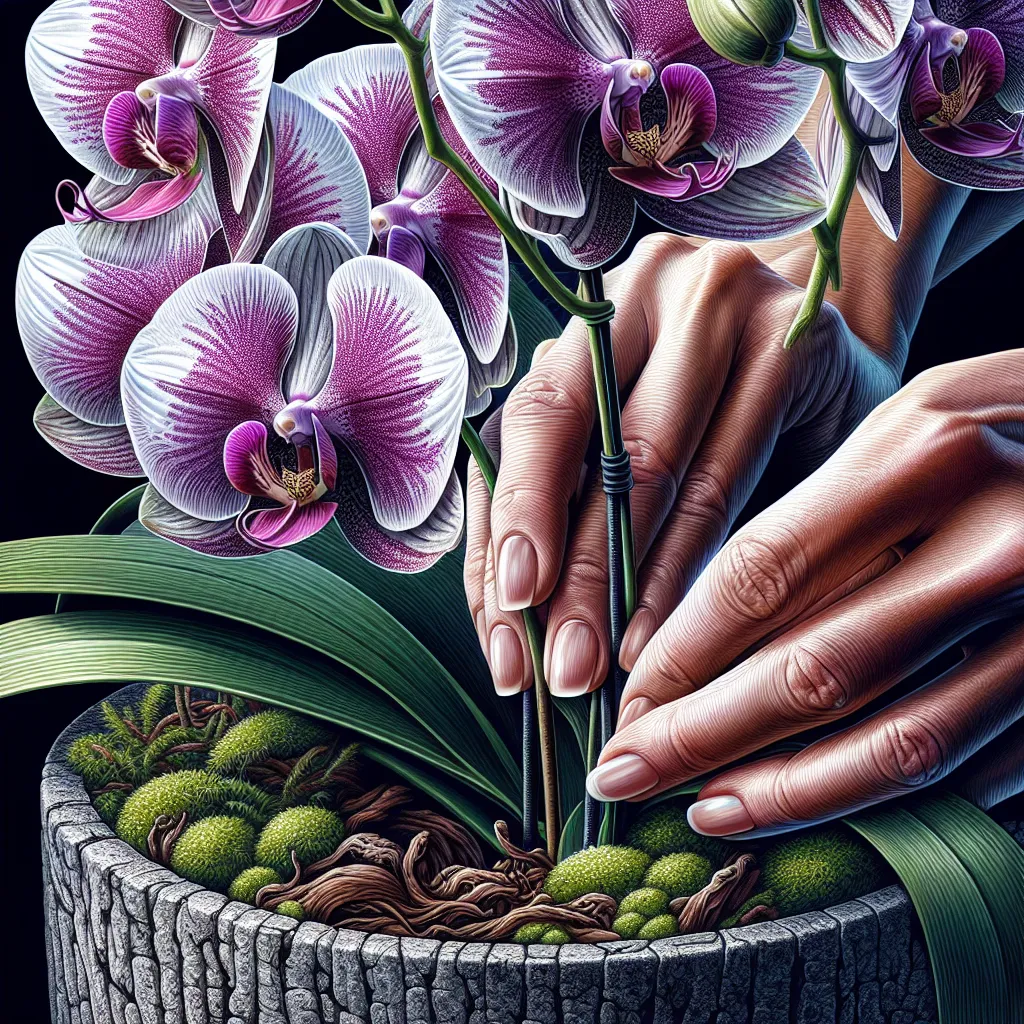 Um close elegante de uma orquídea Pierardii em plena floração, mostrando suas pétalas vibrantes roxas e brancas. Um par de mãos segurando delicadamente a orquídea enquanto a planta em um vaso texturizado cheio de musgo e casca, simbolizando cuidado e atenção no processo de cultivo.