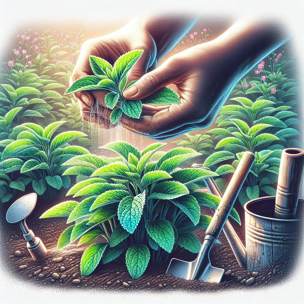 Jardineiro cuidando de folhas de stevia. Uma imagem em close-up de folhas verdes vibrantes de stevia crescendo em um canteiro ensolarado, com as mãos de um jardineiro cuidando suavemente das plantas. Ao redor da stevia, há diversas ferramentas de jardinagem e um regador, ilustrando o processo de plantar e cuidar dessas folhas doces.
