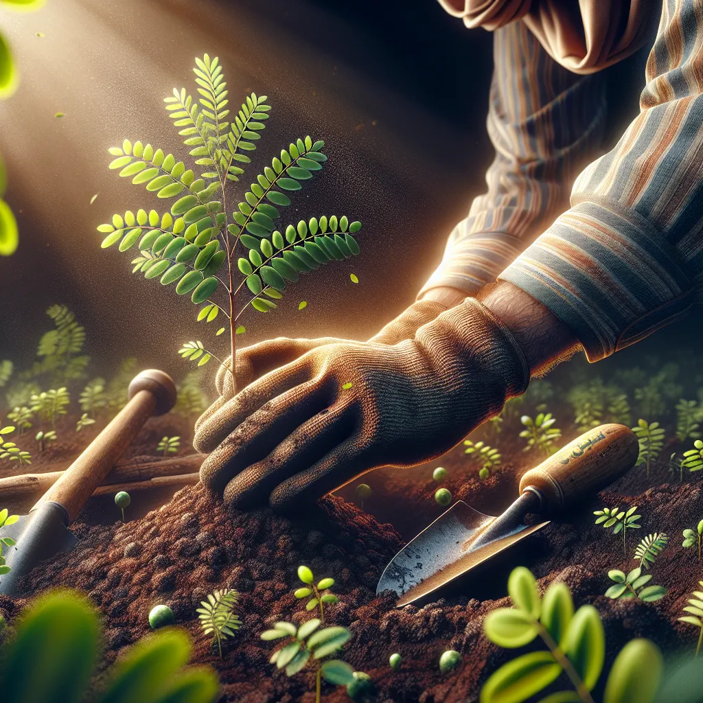 Um close de um jardineiro plantando cuidadosamente uma muda de Acacia Australis em um solo rico e escuro, cercado por ferramentas como uma pá e luvas. A luz do sol filtra-se pelas folhas das árvores acima, destacando as folhas verdes vibrantes da planta jovem, simbolizando crescimento e cuidado no processo de jardinagem.