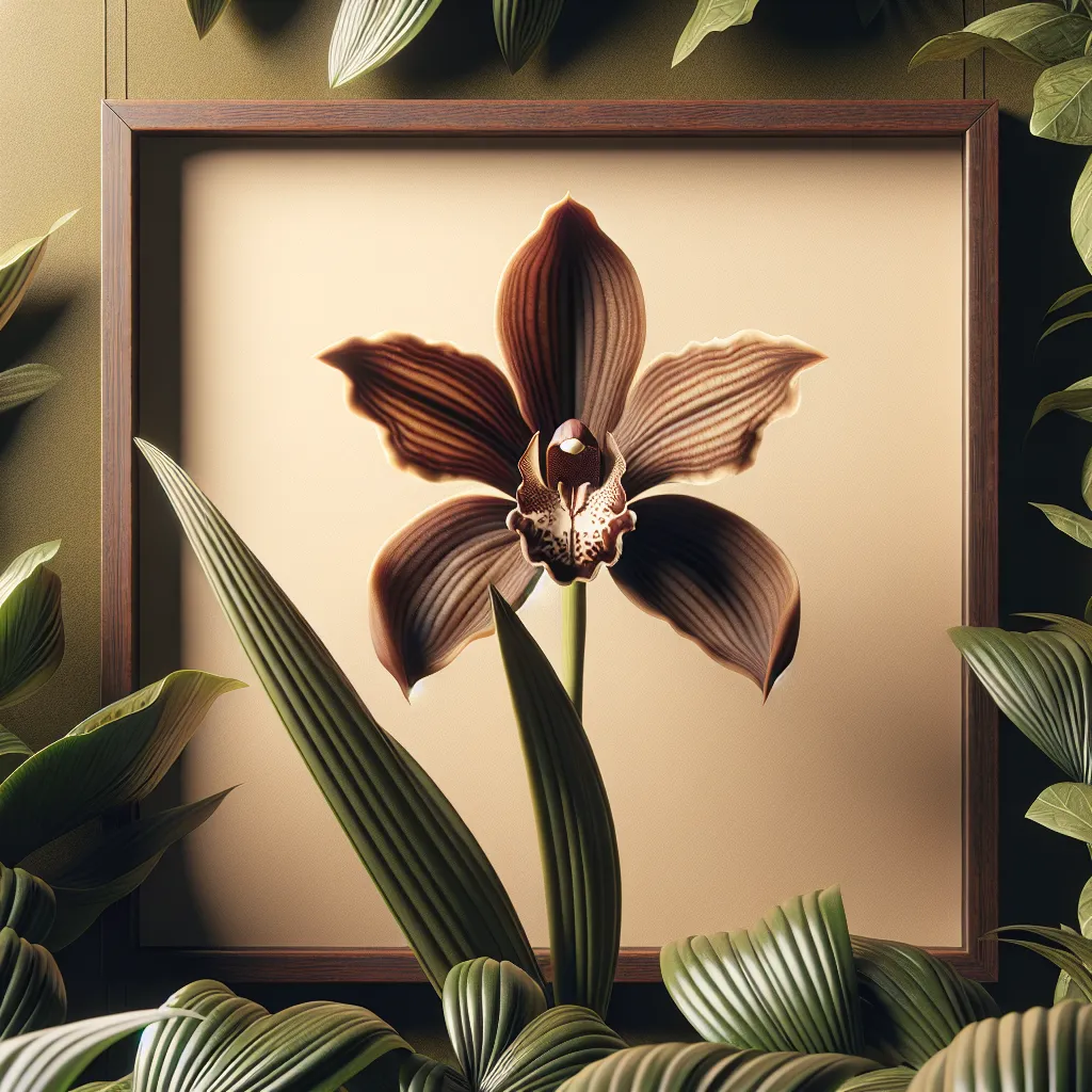 Orquídea marrom com padrões únicos Uma imagem em close de uma impressionante orquídea marrom, destacando seus padrões de pétalas únicos e tons terrosos ricos. O fundo está suavemente desfocado para enfatizar os detalhes delicados da flor, cercada por folhas verdes exuberantes, sugerindo um habitat natural que realça a beleza e as necessidades de cuidado da orquídea.