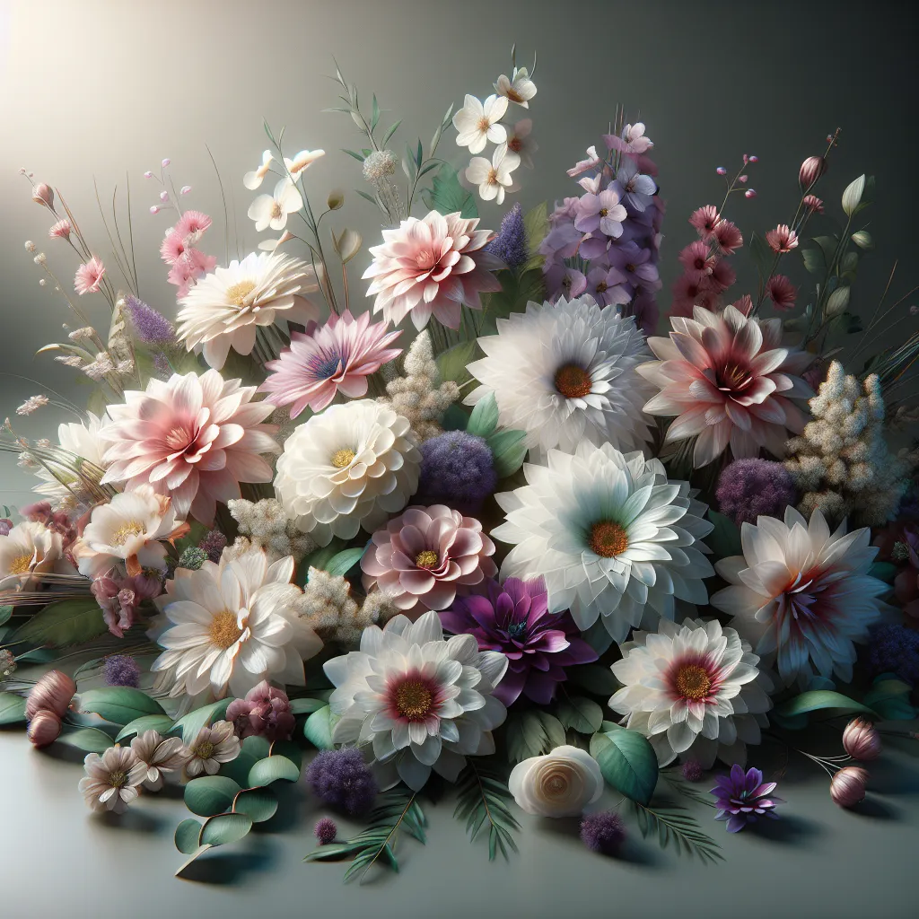Um arranjo sereno de dez flores diversas, cada uma com cores e formas distintas, dispostas em uma exibição de bom gosto. Tons suaves de branco, roxo e rosa predominam, enquanto uma vegetação delicada emoldura a composição. Uma luz sutil filtra através, criando uma atmosfera pacífica que reflete a solenidade das despedidas.