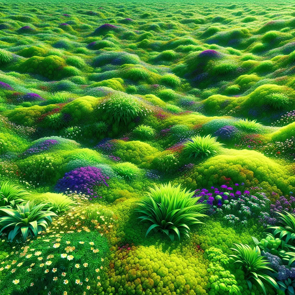 Uma paisagem verdejante coberta com várias plantas baixas formando um tapete vibrante. Diferentes tons de verde são visíveis, intercalados com pequenas flores em tons de roxo e amarelo, destacando as diversas espécies ideais para cobertura do solo. Um dia ensolarado realça as cores e texturas vívidas da folhagem.