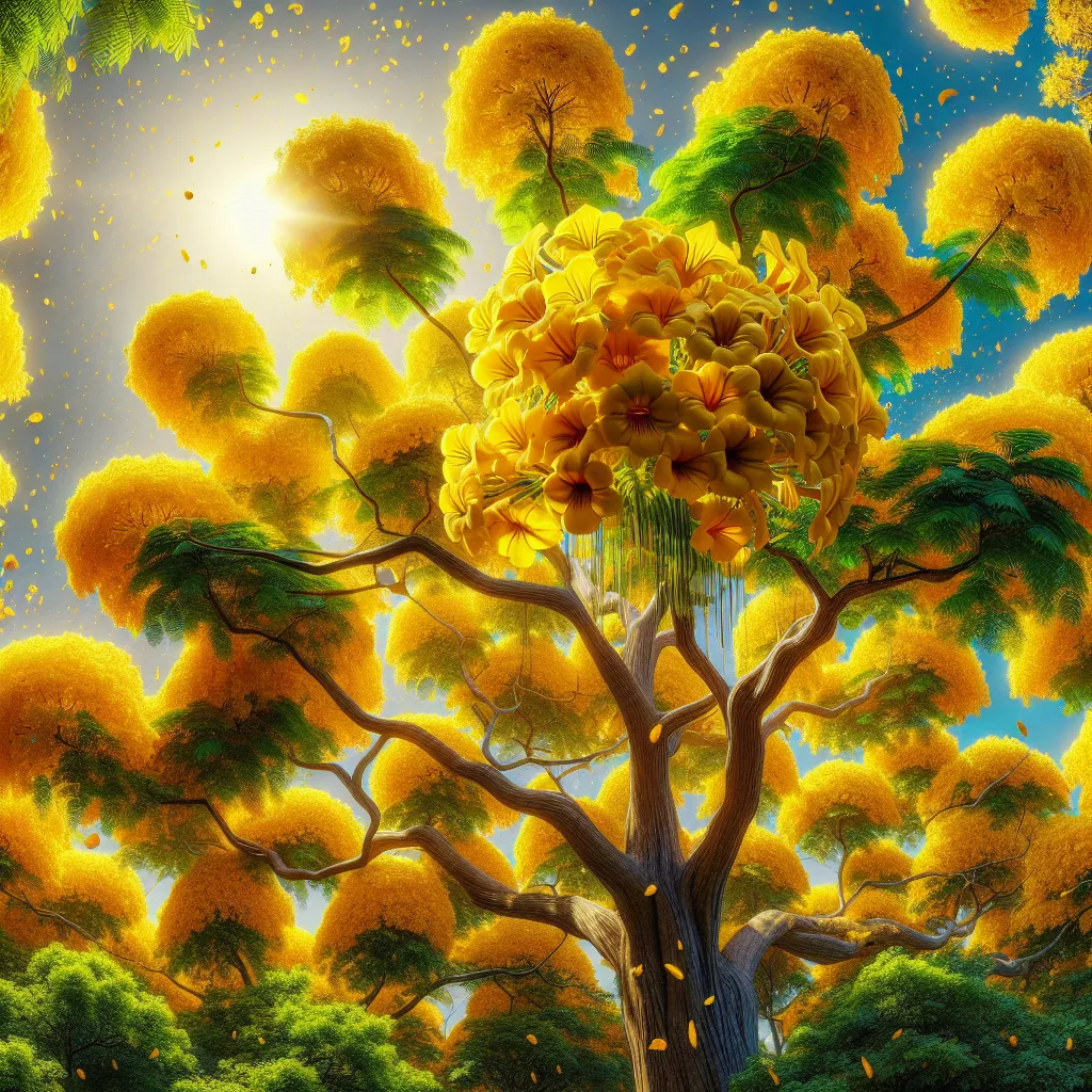 Floração vibrante de ipê amarelo sob céu azul Uma cena vibrante de um ipê amarelo em plena floração, suas flores amarelas brilhantes escorrendo contra um céu azul claro. A luz do sol ilumina as flores, destacando suas pétalas delicadas e contrastando com as folhas verdes ricas, criando uma impressionante representação da beleza da natureza em plena cor.