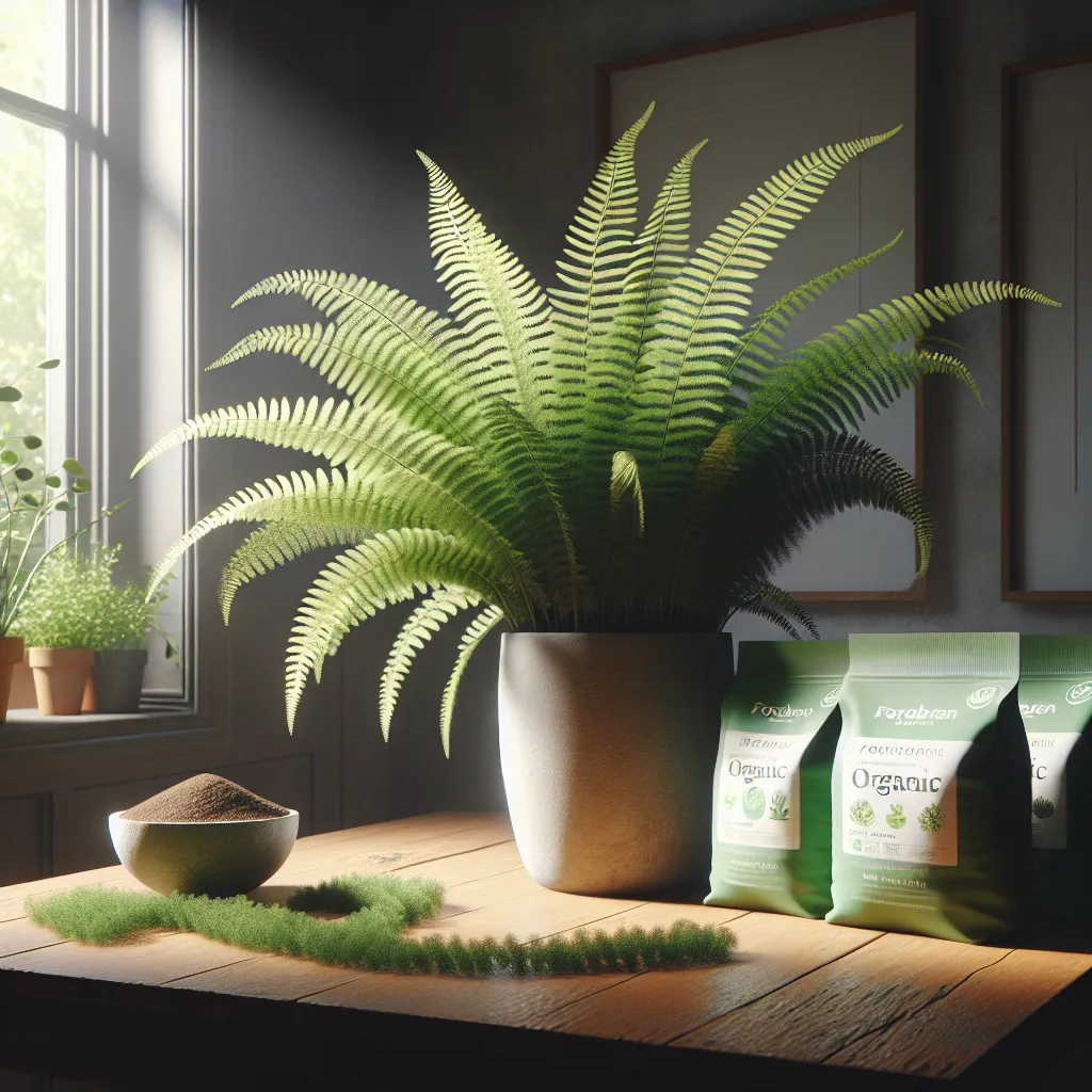 Uma samambaia verde e luxuriante com frondes delicadas, colocada em um vaso estiloso sobre uma mesa de madeira. Luz solar suave filtra através de uma janela próxima, projetando sombras suaves. Sacos de fertilizante rotulados com ingredientes orgânicos estão dispostos ao redor da planta, enfatizando um ambiente acolhedor para um crescimento saudável.