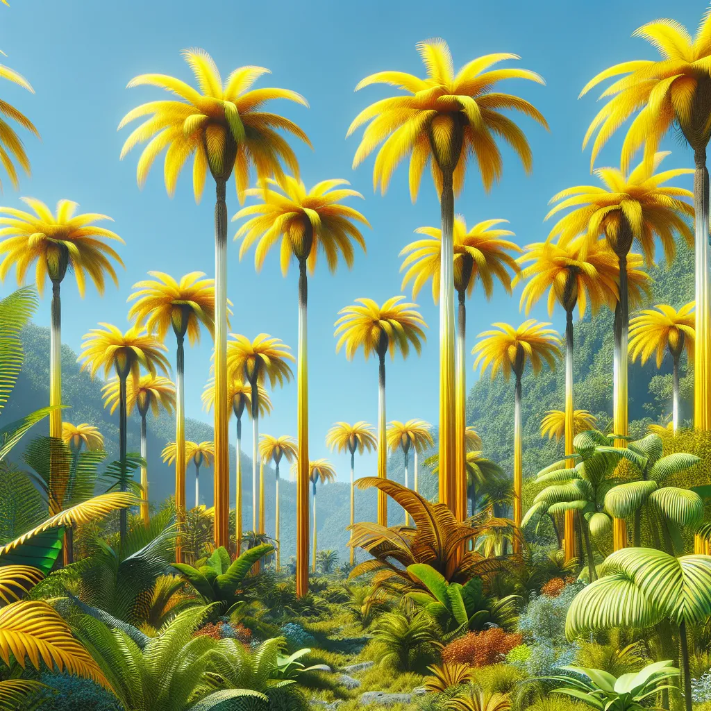 Uma imagem vibrante de uma paisagem tropical exibindo uma variedade de espécies de palmeiras amarelas. A cena apresenta folhagem verde exuberante ao redor de altas palmeiras com troncos amarelos que balançam suavemente com a brisa sob um céu azul claro, destacando o contraste vívido e a beleza exótica dessas plantas únicas.