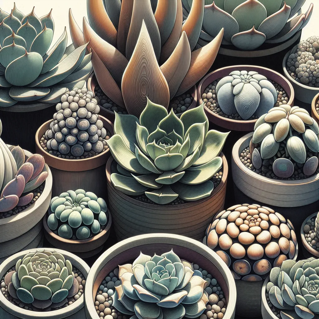 Arranjo colorido de suculentas em vasos de terracota Um close-up de um vibrante arranjo de várias plantas suculentas, cada uma com formato e cor únicos, exibidas em elegantes vasos de terracota. A cena captura suas texturas e detalhes intricados sob a luz natural do sol, enfatizando a diversidade e a beleza dessas plantas de baixa manutenção.