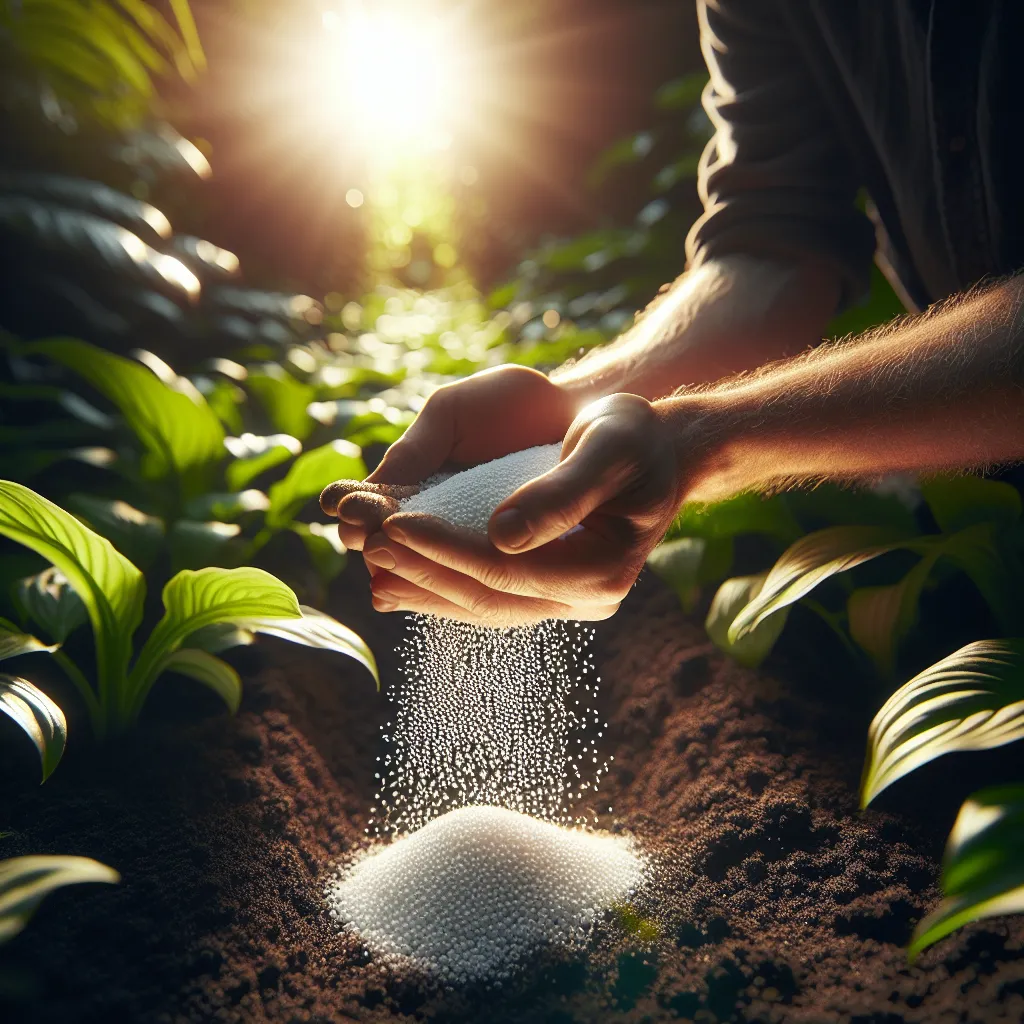 Aplicação de fertilizante em jardim vibrante Uma imagem em close de mãos de um jardineiro espalhando suavemente grânulos brancos de fertilizante de ureia sobre solo rico e escuro, cercado por plantas verde vibrante. A luz do sol filtra-se através das folhas, destacando a textura do solo e os nutrientes que estão sendo fornecidos ao jardim em florescimento.