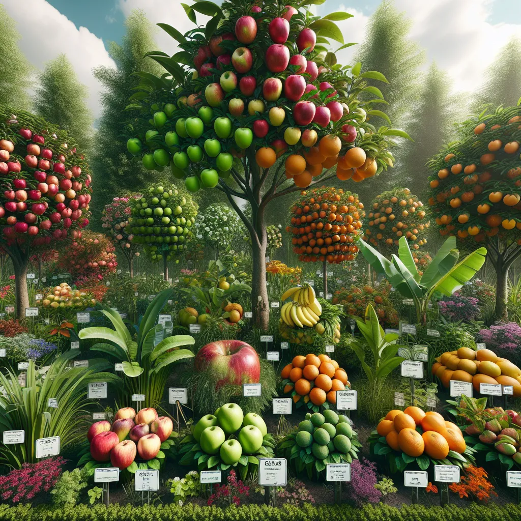 Exposição de plantas frutíferas e suas classificações científicas Uma exibição vibrante de várias plantas frutíferas, com frutos coloridos como maçãs, laranjas e bananas. Cada planta é identificada com sua classificação científica, cercada por folhas verdes exuberantes, enfatizando a biodiversidade e a rica taxonomia das plantas frutíferas em um ambiente de jardim ensolarado.