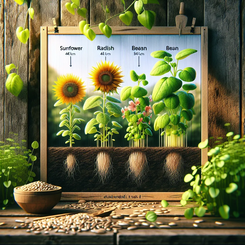 Crescimento rápido de plantas sob luz solar suave Uma ilustração vibrante de várias plantas de rápido crescimento, mostrando sementes brotando de girassóis, rabanetes e feijões contra um fundo rústico de madeira. Cada planta está rotulada, acompanhada pela luz suave do sol filtrando através das folhas, enfatizando a frescura e a vitalidade do novo crescimento.