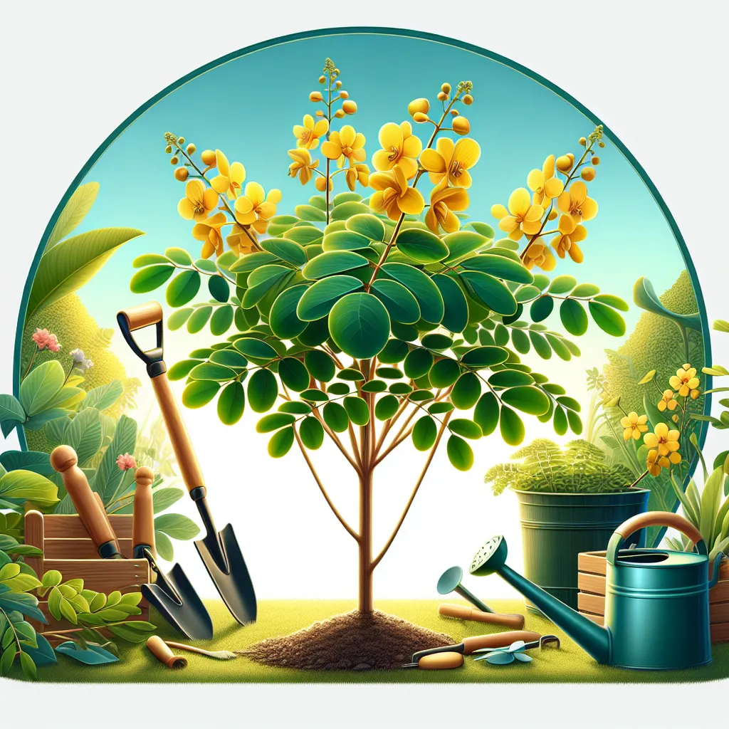 Planta Cassia Baiana em jardim ensolarado Uma imagem de uma vibrante planta Cassia Baiana em um jardim ensolarado, cercada por ferramentas de jardinagem como uma pá e um regador. A cena captura folhas verdes luxuosas e flores amarelas brilhantes, ilustrando a beleza e o cuidado envolvidos no plantio e na nutrição desta planta tropical.