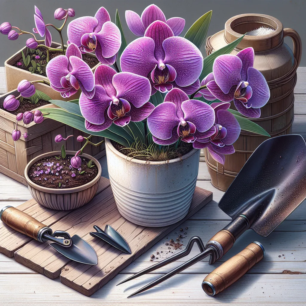 Ilustração de orquídea roxa florida em cultivo doméstico