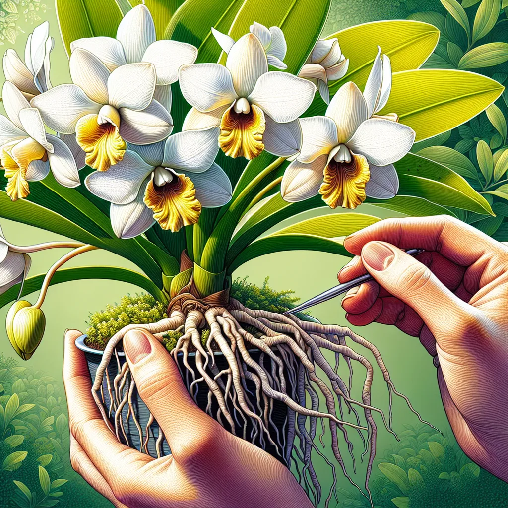 Uma imagem em close de um Dendrobium Aphyllum florescendo, exibindo suas delicadas e vibrantes flores brancas e amarelas contra um fundo verde exuberante. O foco destaca os detalhes intrincados das pétalas e a estrutura única da planta, com mãos gentilmente cuidando das raízes em um vaso, simbolizando nutrição e cuidado.