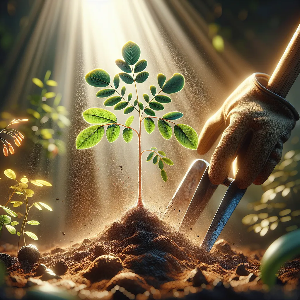 Uma imagem mostrando um close de uma muda de Cassia Javanica emergindo de um solo rico, cercada por ferramentas de jardinagem como uma pá e luvas. Raios de sol iluminam as delicadas folhas da planta, com um fundo de jardim desfocado que sugere um ambiente acolhedor para o crescimento.