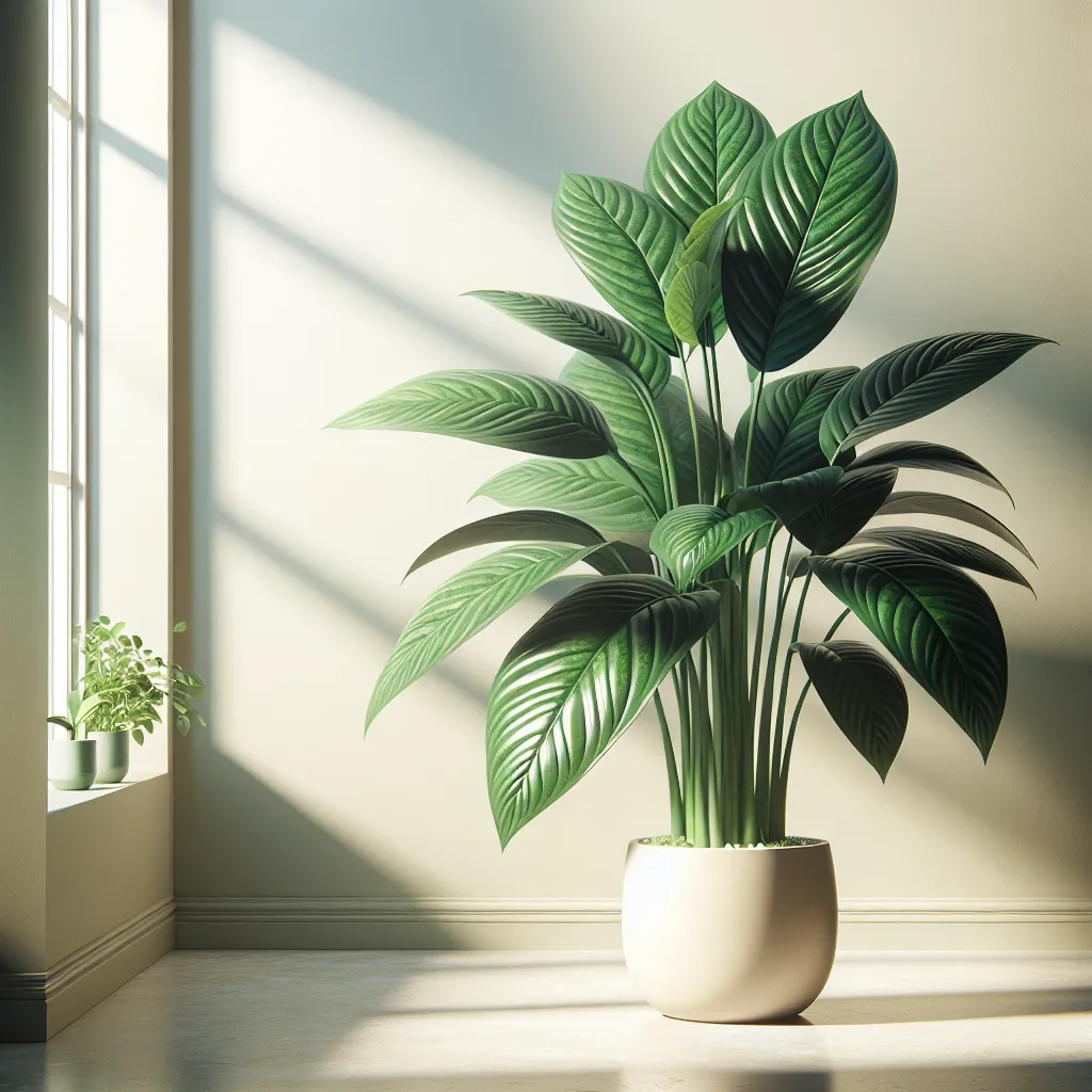 Uma imagem de um ambiente interno sereno com uma vibrante planta Dieffenbachia Amoena em um vaso elegante, exibindo suas grandes folhas verdes e luxuriantes. Ao fundo, a luz suave do sol filtra-se através de uma janela, destacando um guia passo a passo sobre o cuidado e o processo de plantio exibido ao lado da planta.