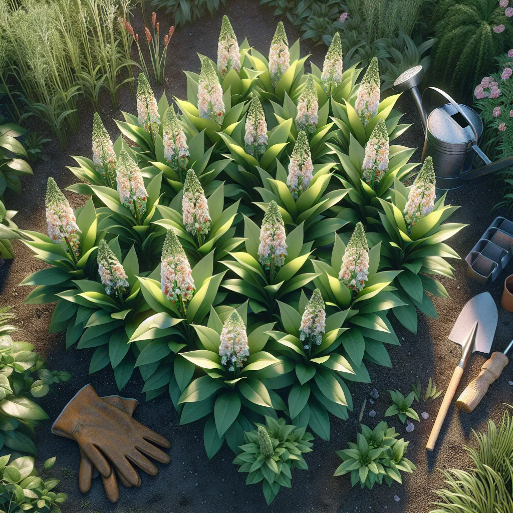Jardim com Cuspidaria Convoluta e utensílios de jardinagem Uma vista aérea de um canteiro de jardim bem organizado, apresentando plantas de Cuspidaria Convoluta, com folhas verde vibrante e flores delicadas. Um par de luvas de jardinagem, uma pá e um regador estão colocados nas proximidades, simbolizando técnicas de plantio e cuidado. A luz suave do sol projeta sombras leves, realçando a vegetação exuberante.