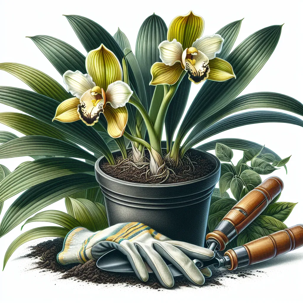 Uma imagem em close de uma orquídea Maxillaria tenuifolia repousando em um vaso com solo rico e escuro. As flores vibrantes amarelas e brancas estão em plena floração, cercadas por folhas verdes e exuberantes. Um par de luvas de jardinagem e ferramentas estão ao lado do vaso, prontas para o plantio.