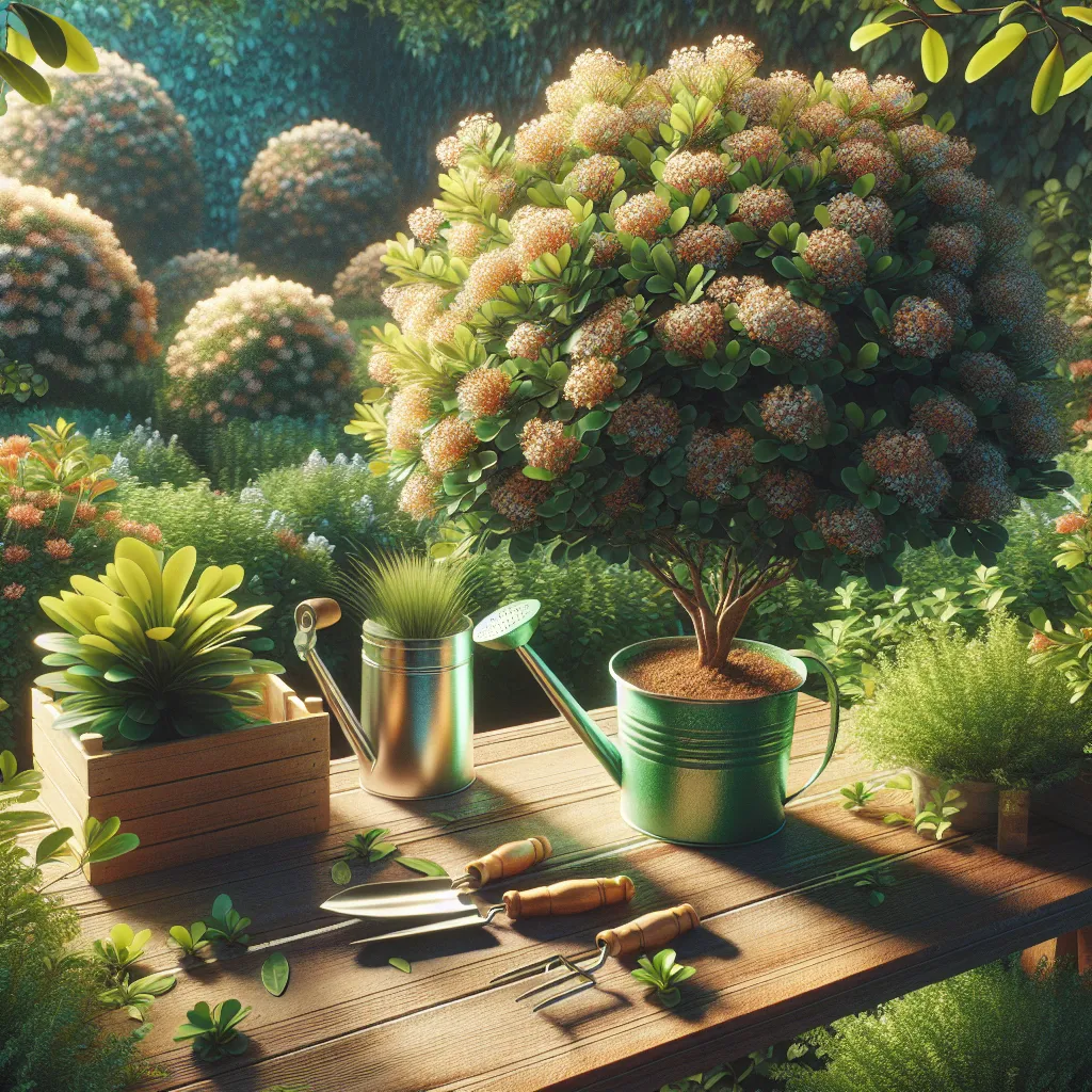 Uma imagem aérea de uma planta madura de Myrsine Umbellata prosperando em um jardim, cercada por folhagens verdes e exuberantes. Em primeiro plano, ferramentas como uma pá e um regador repousam sobre uma mesa de madeira, sugerindo prontidão para o plantio. O sol lança um brilho quente, destacando a beleza da natureza.