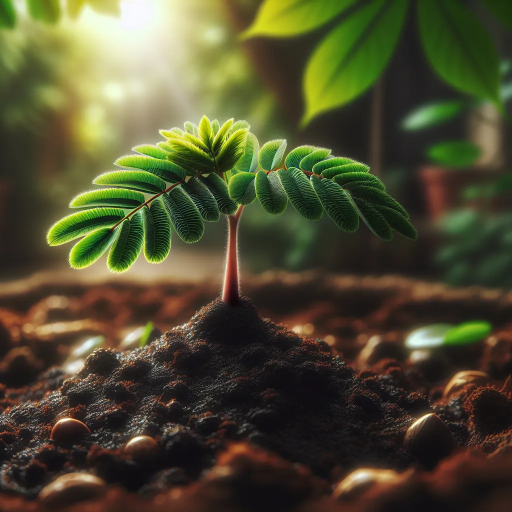 Muda de Albizia Niopoides no jardim vibrante Uma imagem de close-up de uma jovem muda de Albizia Niopoides emergindo de um solo rico e escuro, cercada por folhas verde vibrante. O fundo apresenta um espaço de jardim levemente desfocado, com a luz do sol filtrando-se através da folhagem, enfatizando a essência do crescimento nutrido e a beleza da natureza.