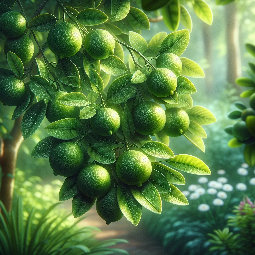 Uma cena vibrante de jardim apresentando um close de uma limoeiro persa carregado de limas verdes e brilhantes. Ao redor, folhas verdes exuberantes e a suave luz do sol filtrando-se, enfatizam os cuidados e a atenção necessários para cultivar esta planta cítrica aromática.