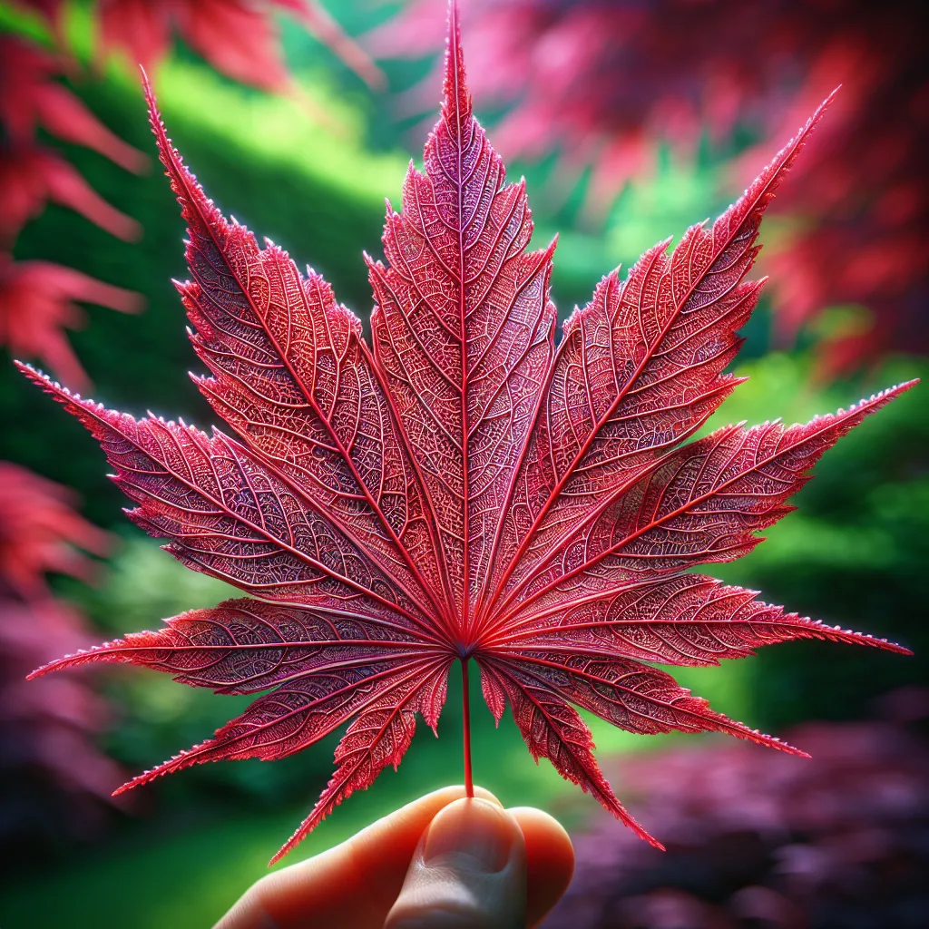 Folha de bordo japonês no jardim Uma imagem de uma folha de bordo japonês vermelho profundo e vibrante contra um fundo desfocado de um jardim exuberante. O foco está nas formas intrincadas e veias da folha, sugerindo a beleza da natureza, bem como o cuidadoso cultivo envolvido no cultivo do Palmatum Atropurpureum.