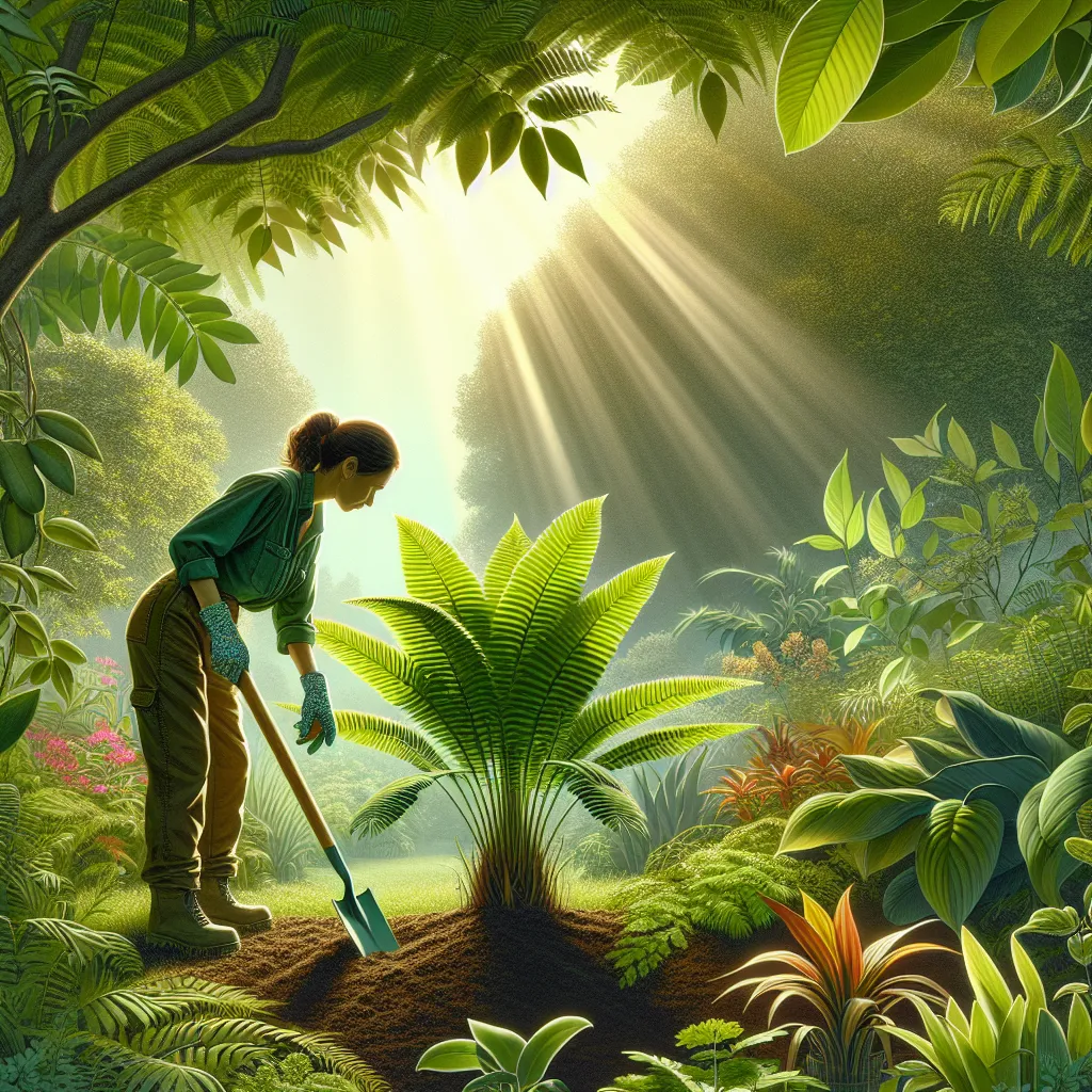 Uma imagem de um jardim verdejante mostrando um jardineiro plantando Rapanea Ferruginea, usando luvas e segurando uma pá. Plantas ao redor fornecem um fundo vibrante, enquanto a luz do sol filtra por entre os galhos foliados, destacando a cuidadosa atenção à preparação do solo e ao cultivo desta planta única.