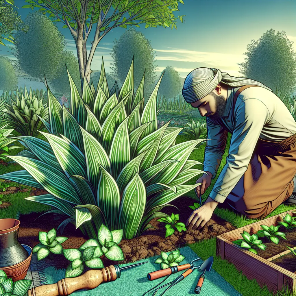 Uma imagem de um leito de jardim exuberante com vibrantes plantas de Liriope Variegata, exibindo suas impressionantes folhas listradas em verde e branco. Ao fundo, um jardineiro está de joelhos ao lado das plantas, plantando delicadamente novas mudas, cercado por ferramentas de jardinagem e um céu ensolarado e limpo.