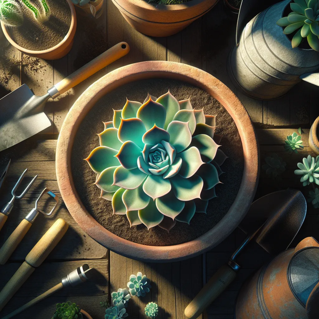 Uma imagem aérea de uma vibrante Echeveria Nodulosa aconchegada em um rústico vaso de terracota, cercada por ferramentas de jardinagem como uma pá e um regador. A luz solar suave projeta sombras delicadas, destacando as folhas suculentas da planta e o solo rico, transmitindo uma sensação de cuidado e crescimento.