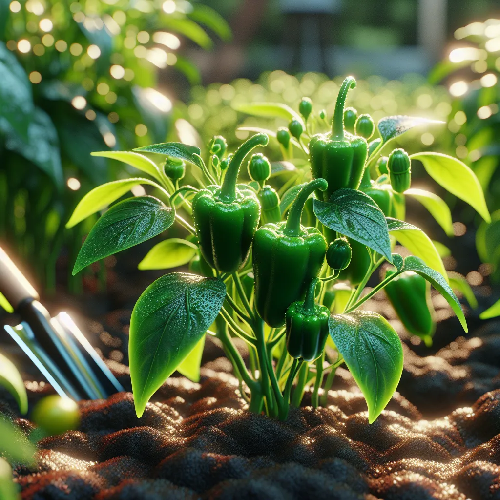 Jardim vibrante com Capsicum brotando Um close-up de vibrantes plantas de Capsicum verdes em um jardim ensolarado, mostrando suas folhas brilhantes e pequenos pimentões em brotação. O solo é rico e escuro, com ferramentas de jardinagem repousando próximas, enfatizando o ambiente de cuidado e cultivo. A luz do sol projeta sombras suaves, realçando o calor da cena.