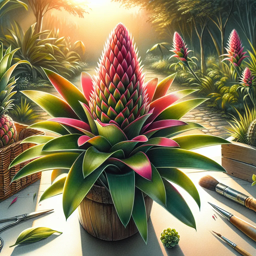 Um close-up elegante de uma vibrante planta de Ananas bracteatus, exibindo suas folhas verdes exuberantes e a impressionante inflorescência pink-avermelhada. O fundo apresenta um jardim iluminado pelo sol, enfatizando a essência tropical, enquanto ferramentas de jardinagem estão sutilmente colocadas nas proximidades, insinuando o processo de plantio e os cuidados necessários para esta fruta exótica.