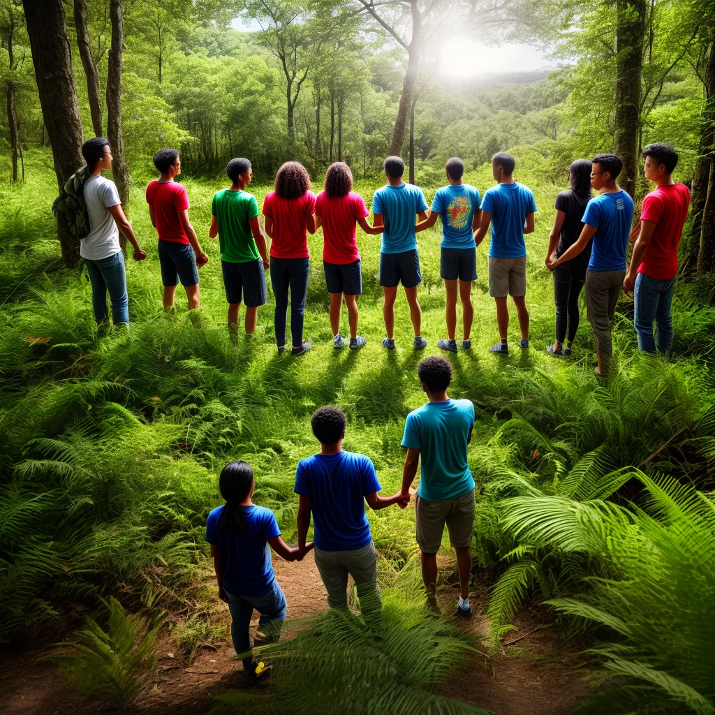 grupo diverso maos unidas floresta verde