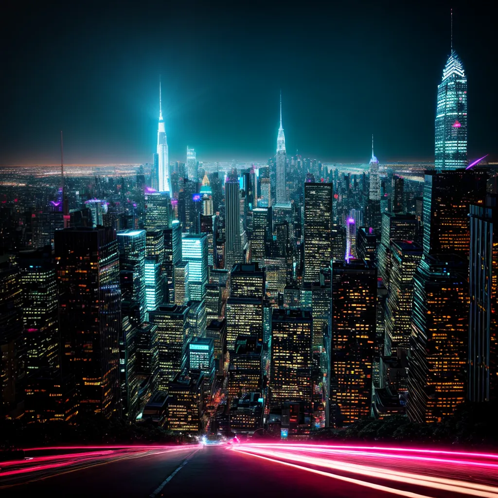 cidade futurista noite neon carros voadores