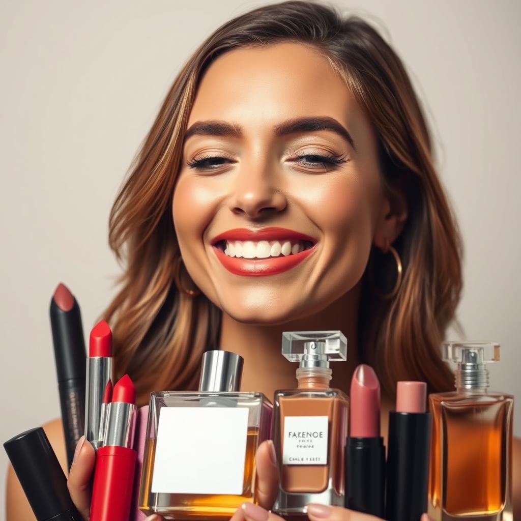 image 4976 Mulher sorrindo segurando batons e perfumes