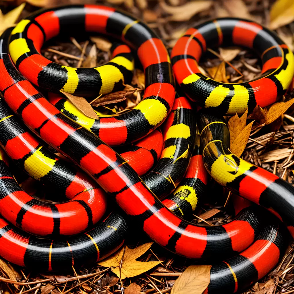 Encanto Mortal: A Serpente-Coral-Verdadeira, uma Serpente Venenosa com Padrão Vermelho, Amarelo e Preto 3 Encanto Mortal: A Serpente-Coral-Verdadeira, uma Serpente Venenosa com Padrão Vermelho, Amarelo e Preto 2