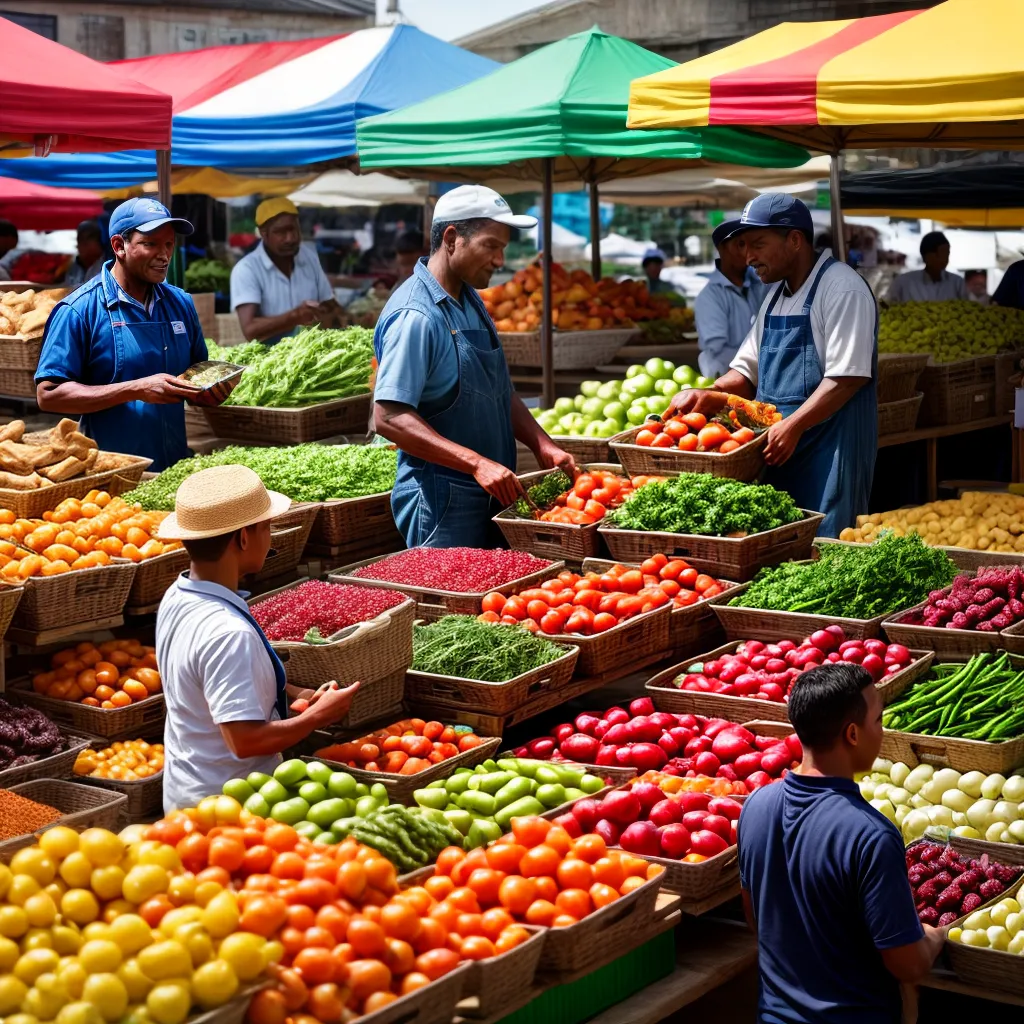 Feira livre com barracas coloridas e feirantes atendendo clientes