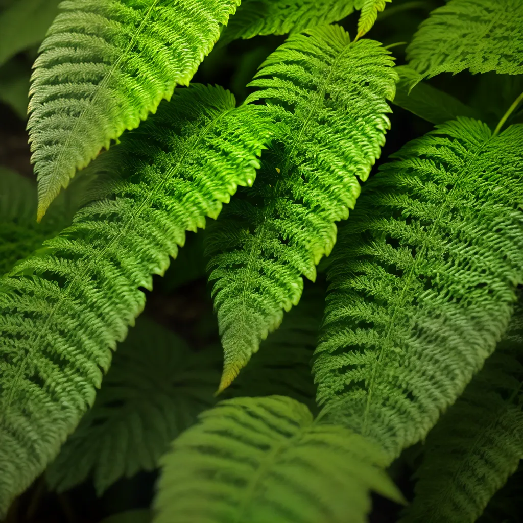 Frondes de samambaia iluminadas por luz filtrada