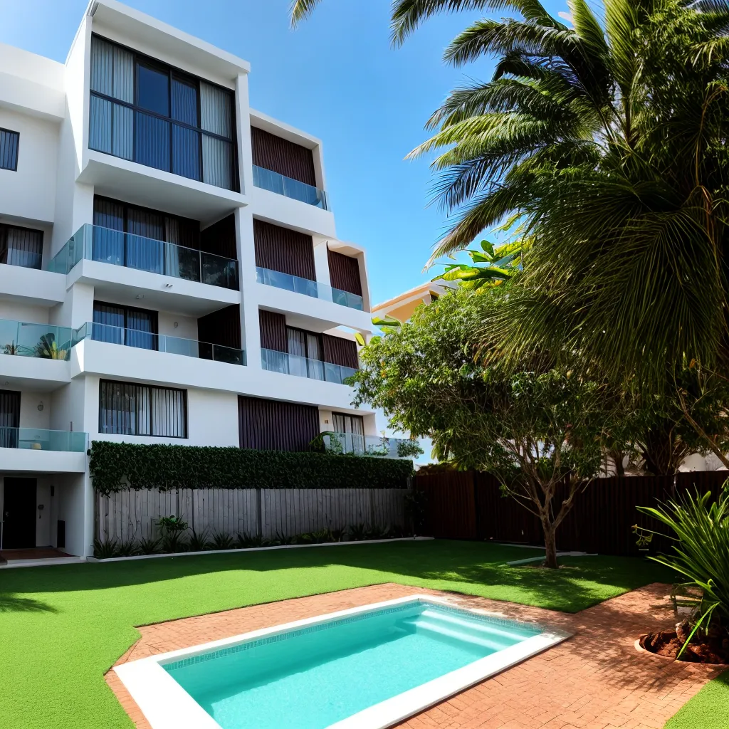 Jardim residencial com gramado fechado, flores e árvores